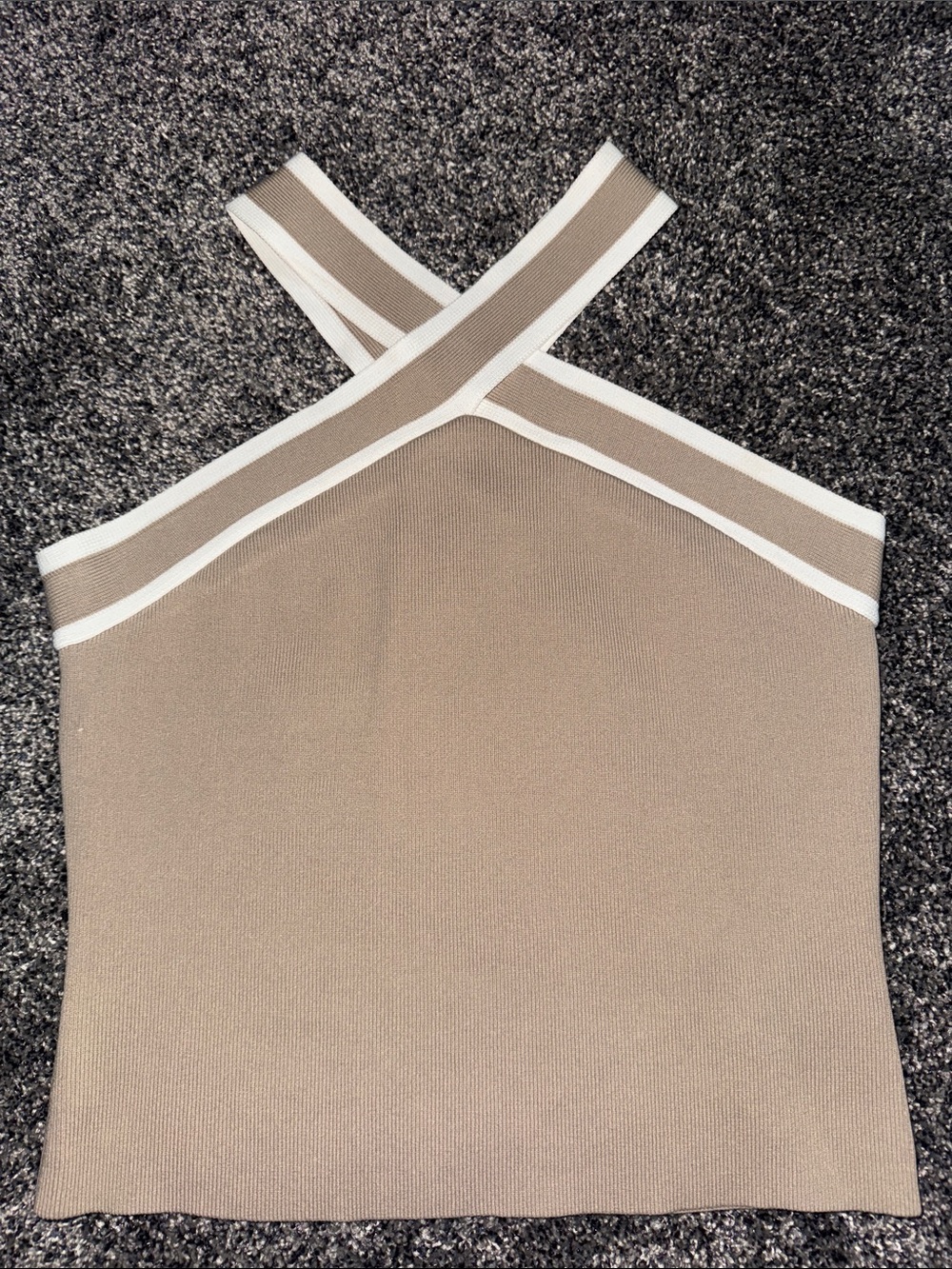 Beige Crossback Knit Tank Top with White Trim